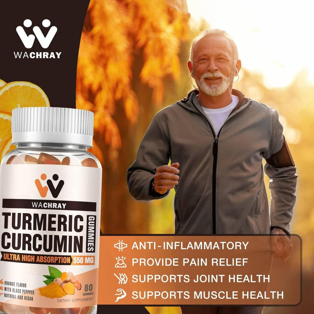 Turmeric curcumin gummies bottle beside older man in a dark zip jacket