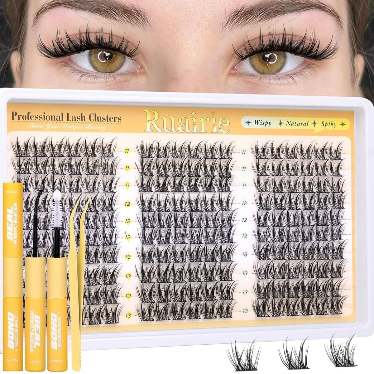 Lash clusters kit with wispy black strip clusters and applicator stick, in clear tray