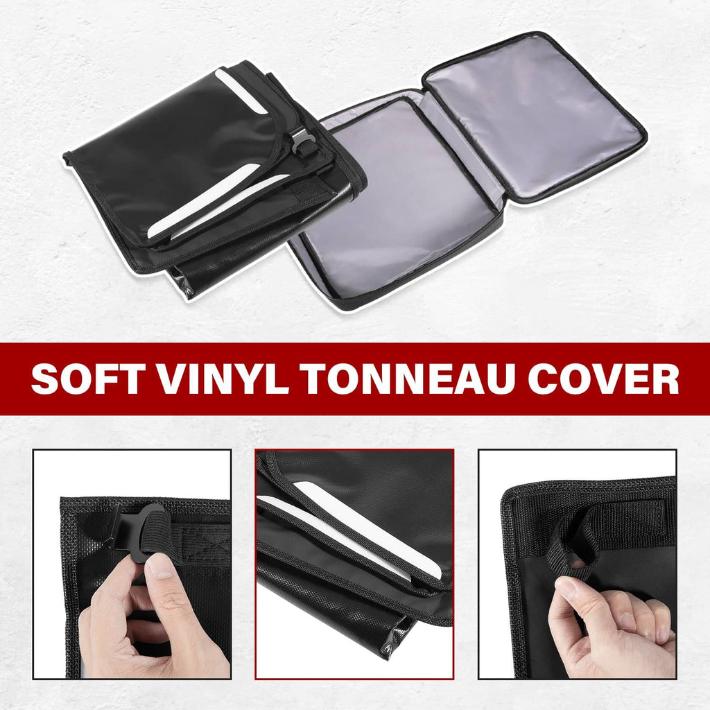 Black soft vinyl tonneau cover folded open with storage flap