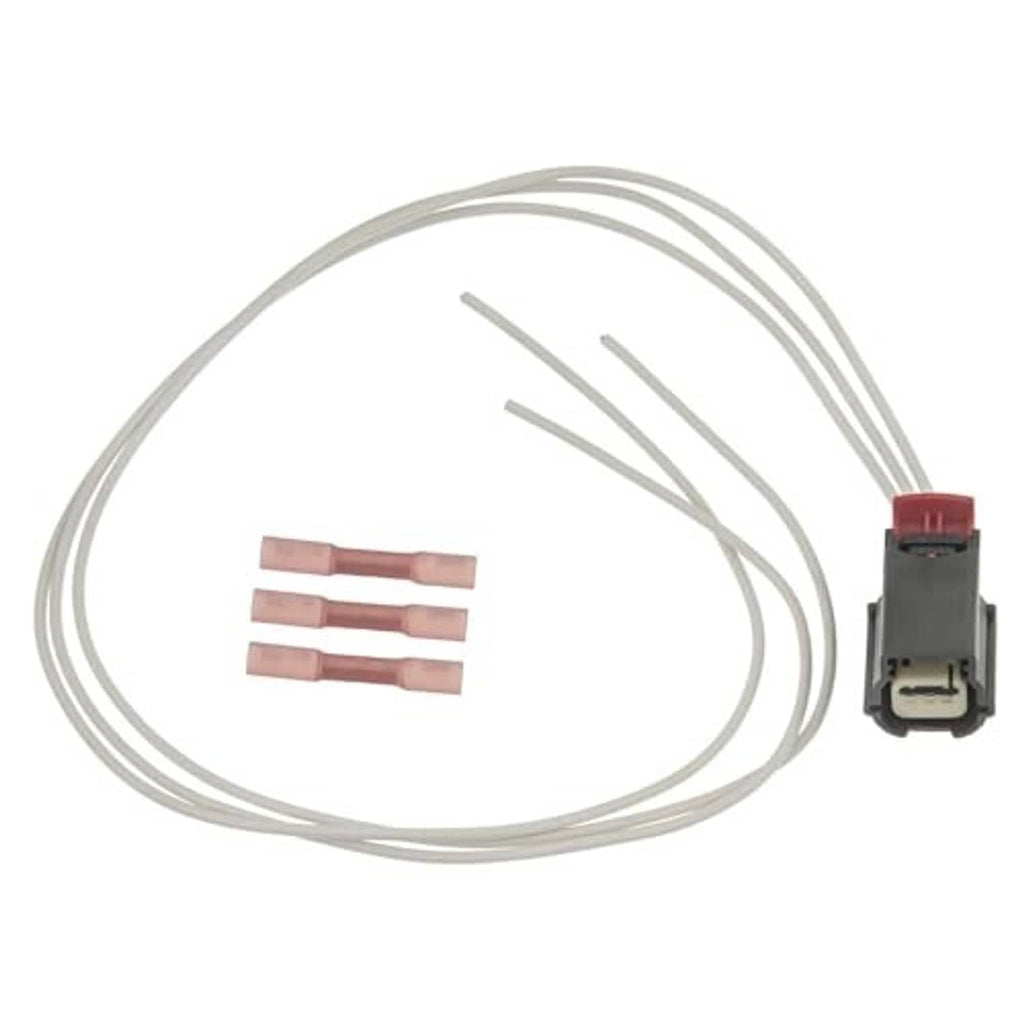 Wire harness pigtail connector with black plug, red latch, and three red-tipped leads