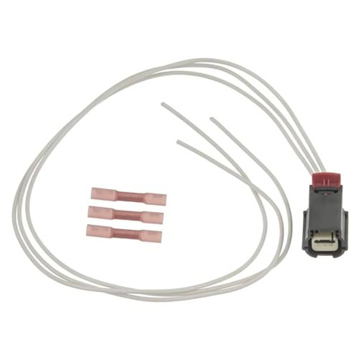 Wire harness pigtail connector with black plug, red latch, and three red-tipped leads