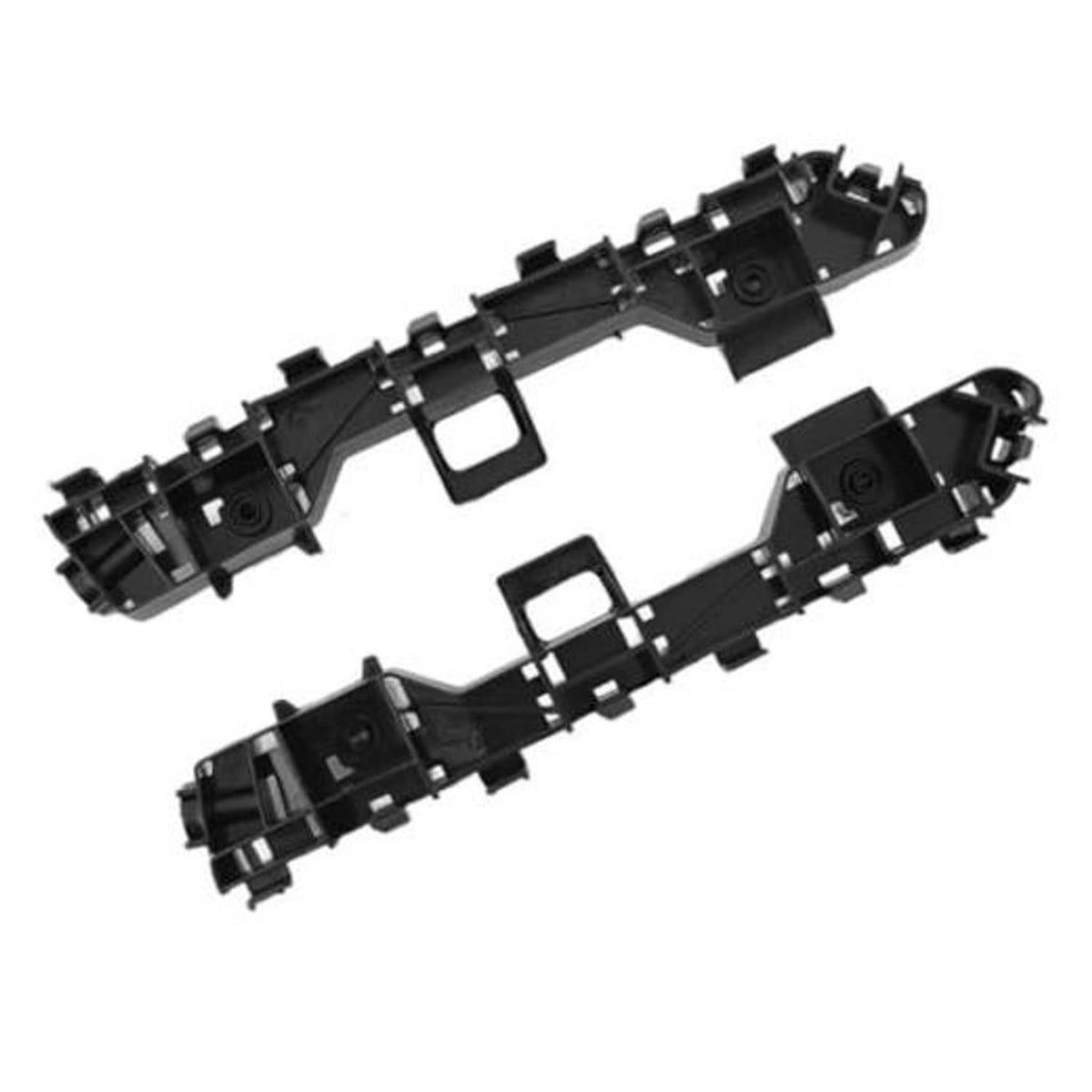Set of two black front bumper bracket supports with mounting clips and square openings