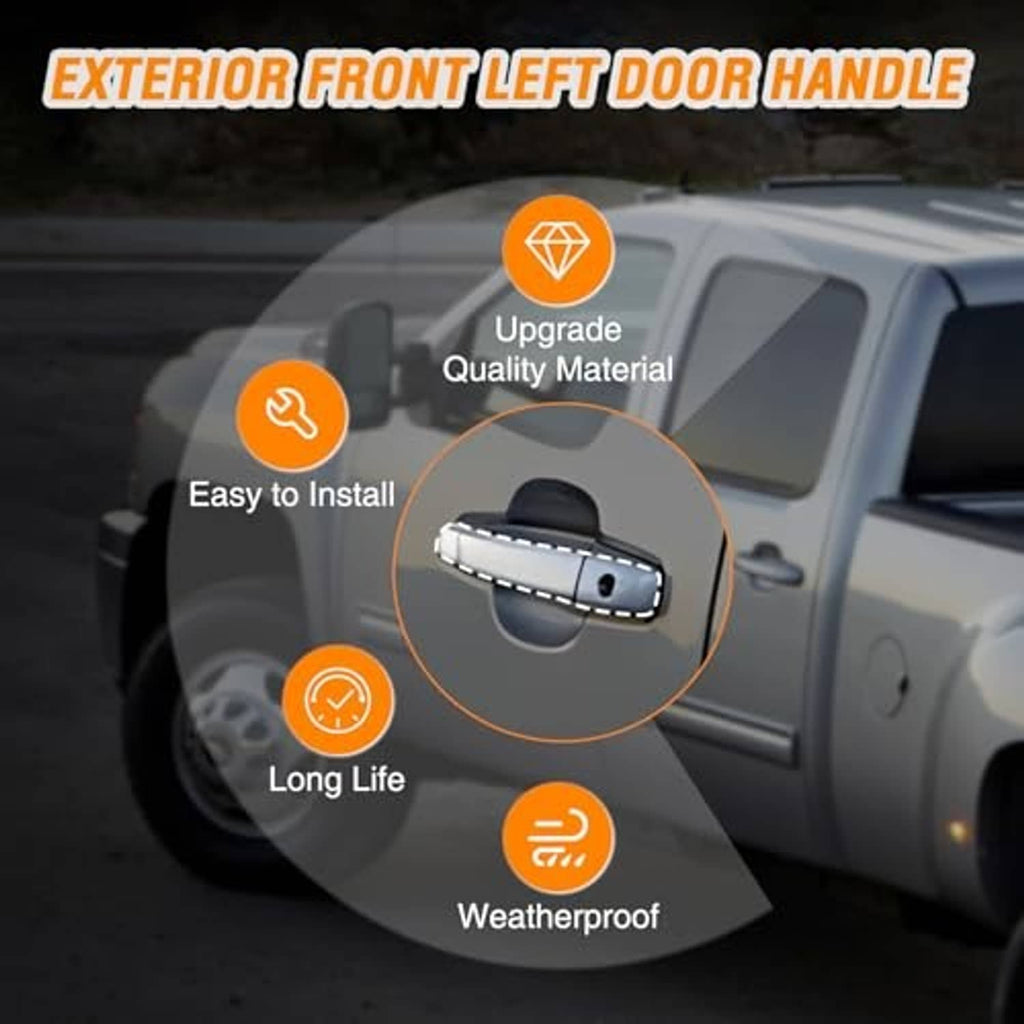 Exterior front left door handle on vehicle door with upgrade feature icons