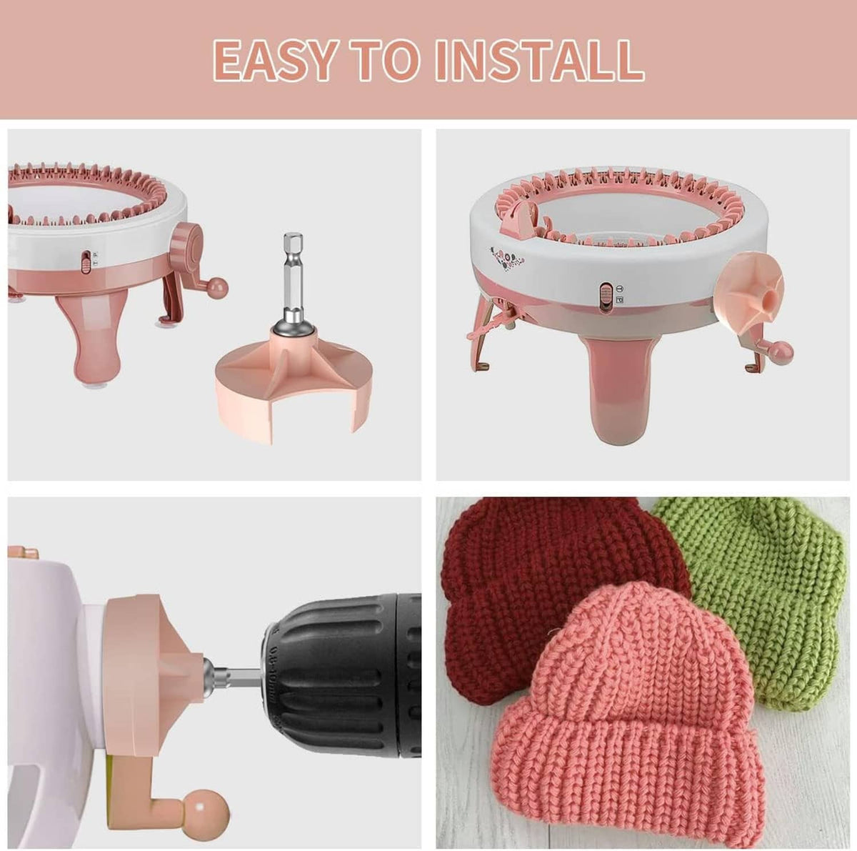 Knitting machine adapter shown installed on the machine with knit hat examples