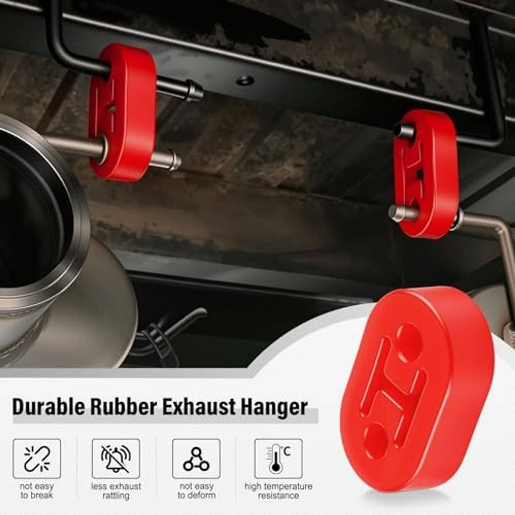 Red rubber exhaust hangers installed on a muffler exhaust pipe