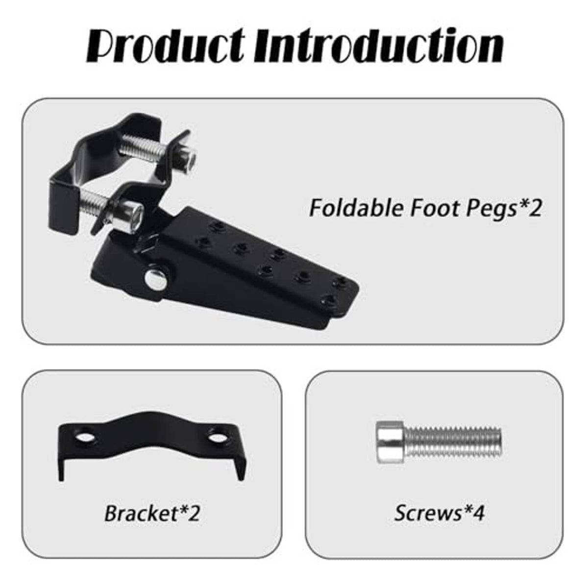 Two black foldable foot pegs with brackets and four mounting screws for installation