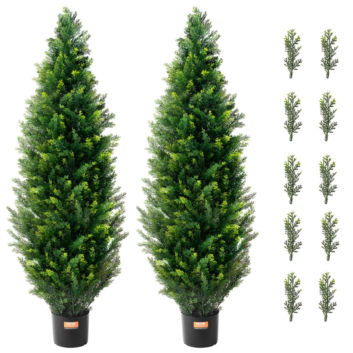 Two artificial cedar topiary trees with bright green leaves in black pots