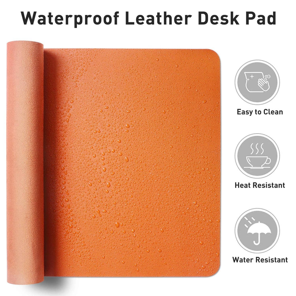 Orange leather desk pad protector with water drops texture and easy-clean surface