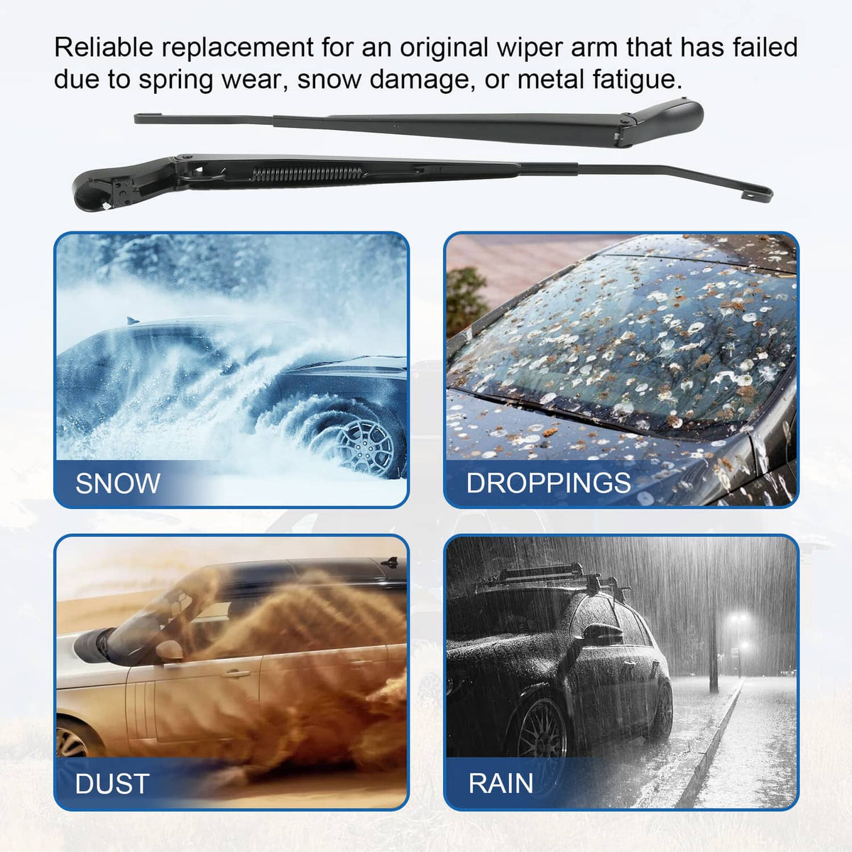 Front windshield wiper arm pair with black blades shown side-by-side