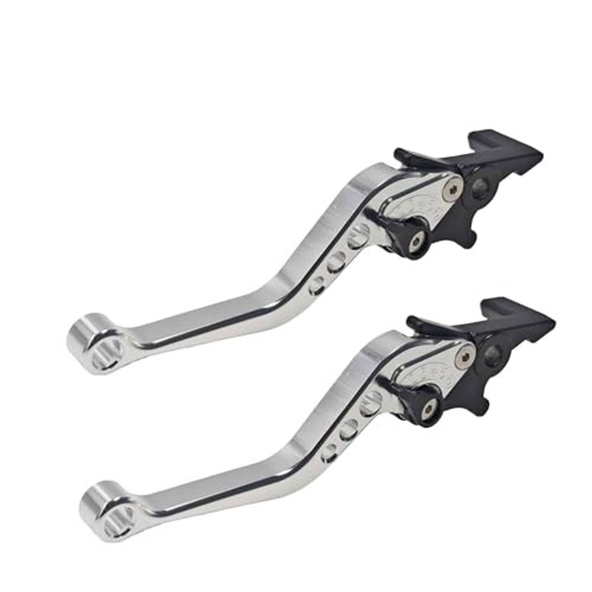 Pair of CNC silver motorcycle brake and clutch levers with black lever ends