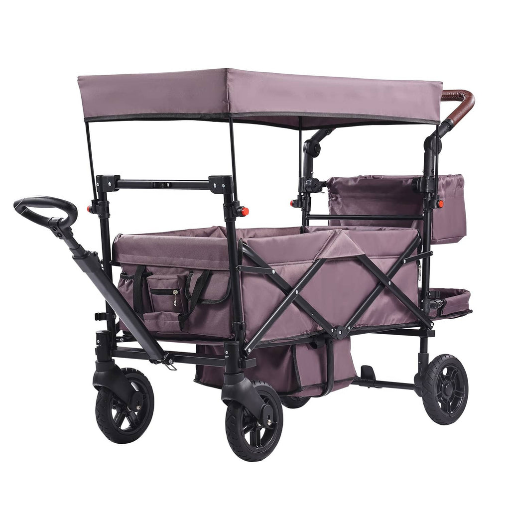 Purple double wagon stroller with canopy and two padded seats, cross-brace frame
