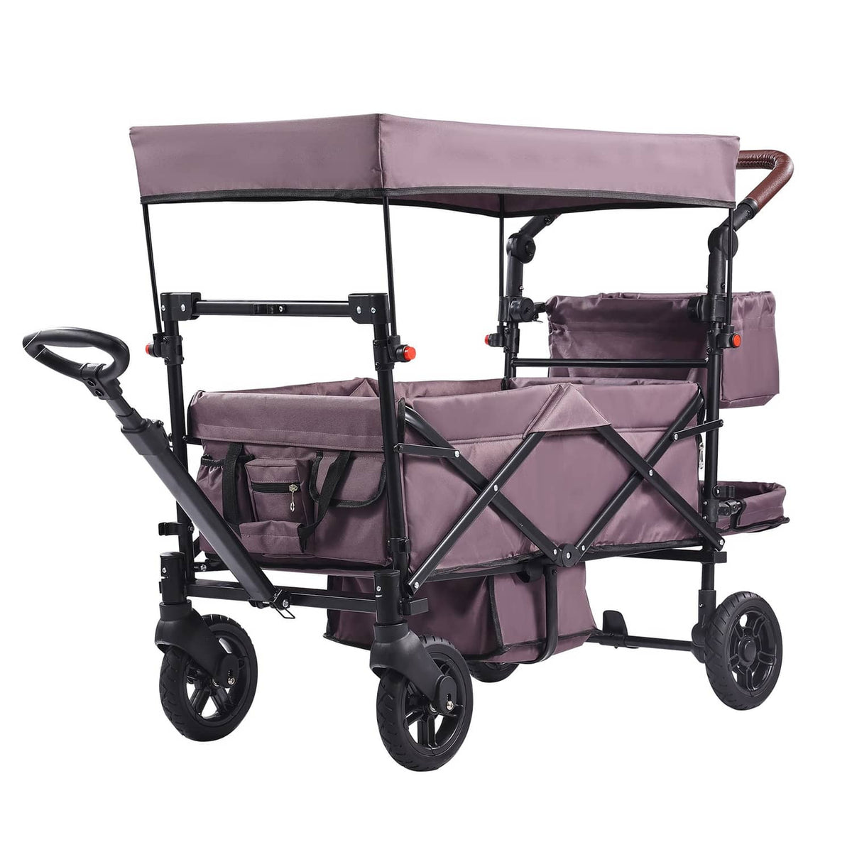 Purple double wagon stroller with canopy and two padded seats, cross-brace frame