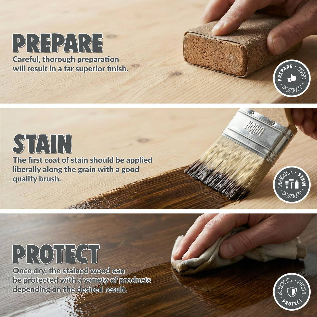 Hands sanding and applying wood stain on pine board, then wiping with cloth