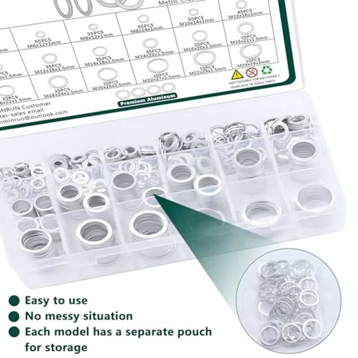 Assorted aluminum crush washer gaskets in clear organizer case with storage pouches