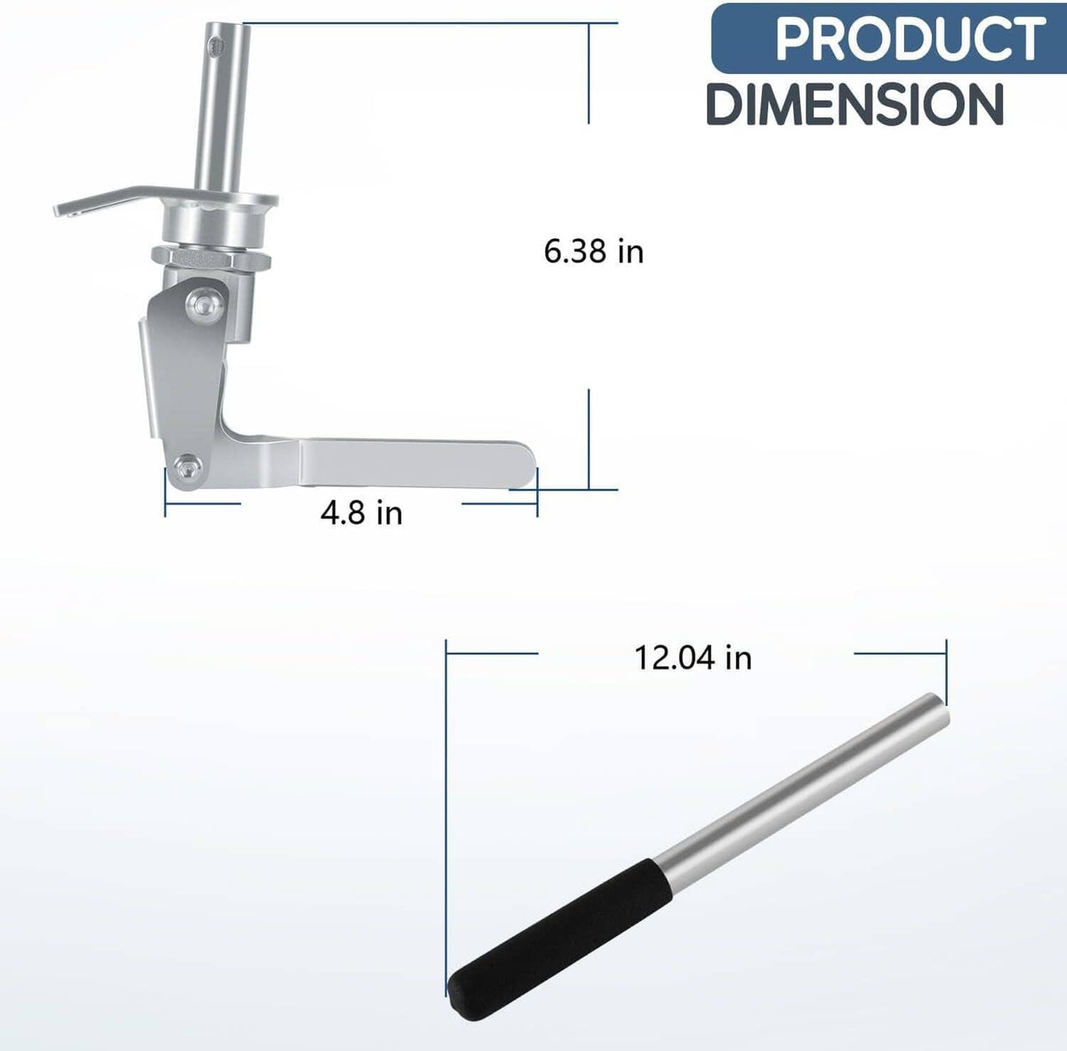 Valve spring compressor tool shown with dimensions diagram, long black-and-silver handle
