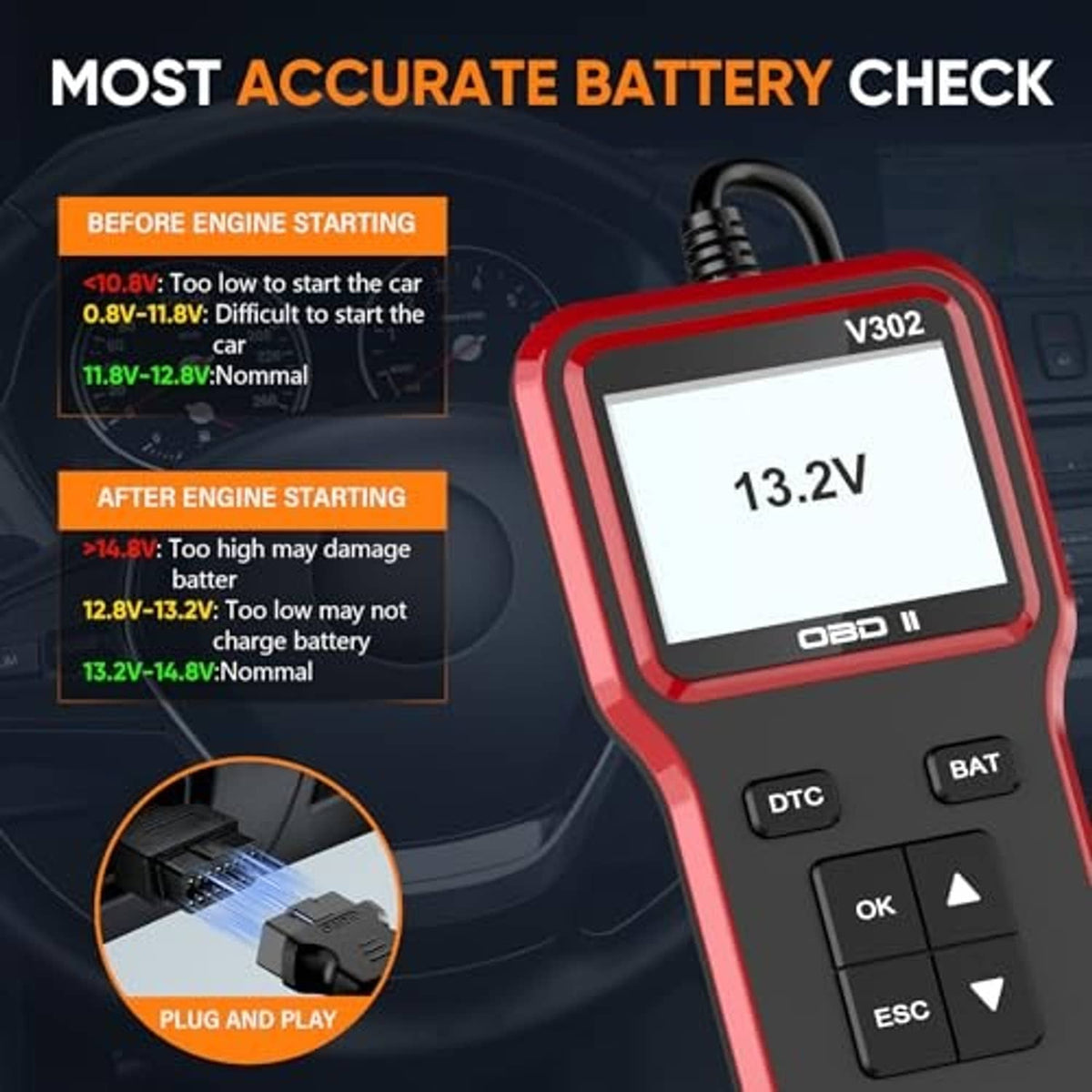 Red OBD2 scanner with V302 battery check display and BAT/DTC control buttons