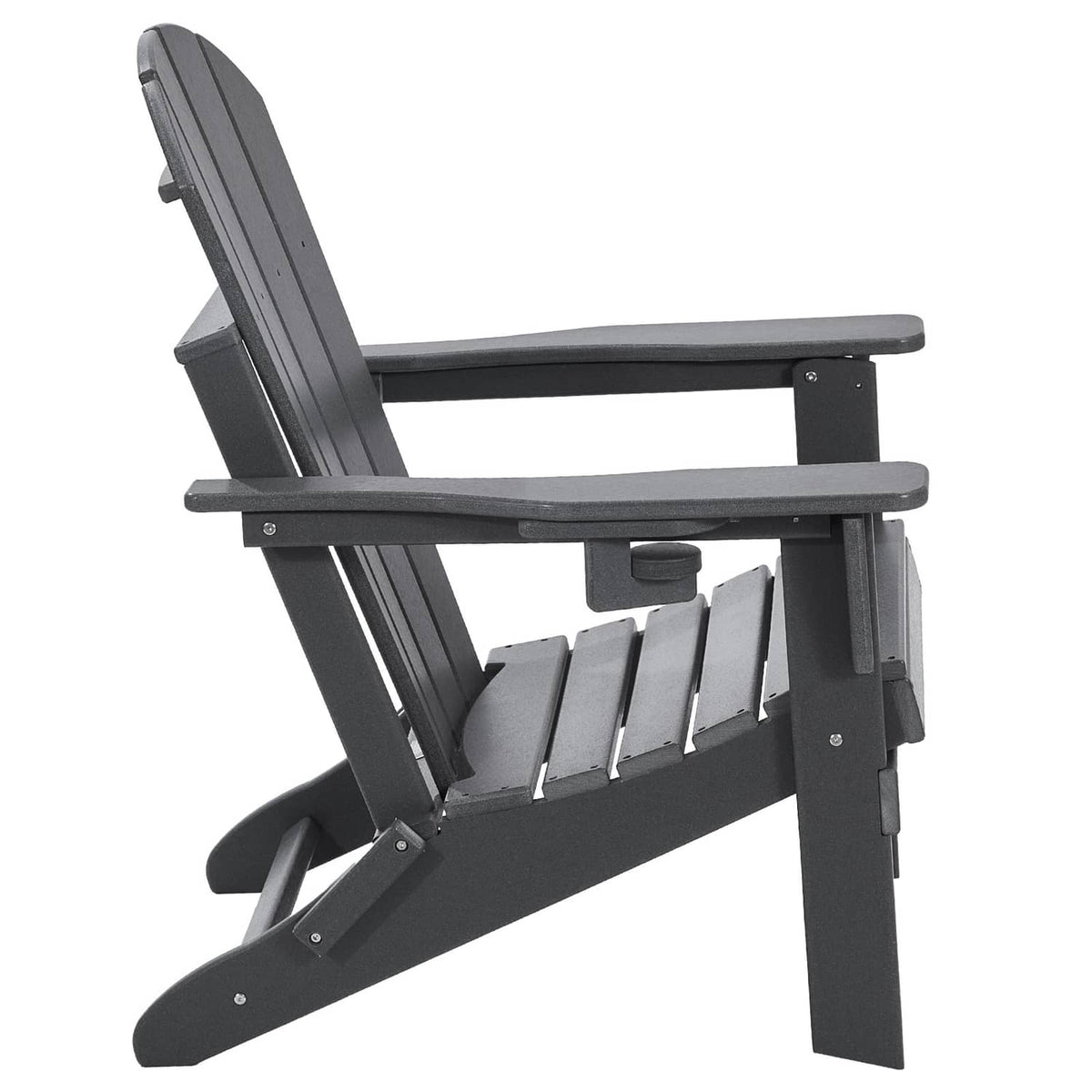 Gray folding Adirondack chair close view of armrest and leg base with slatted back