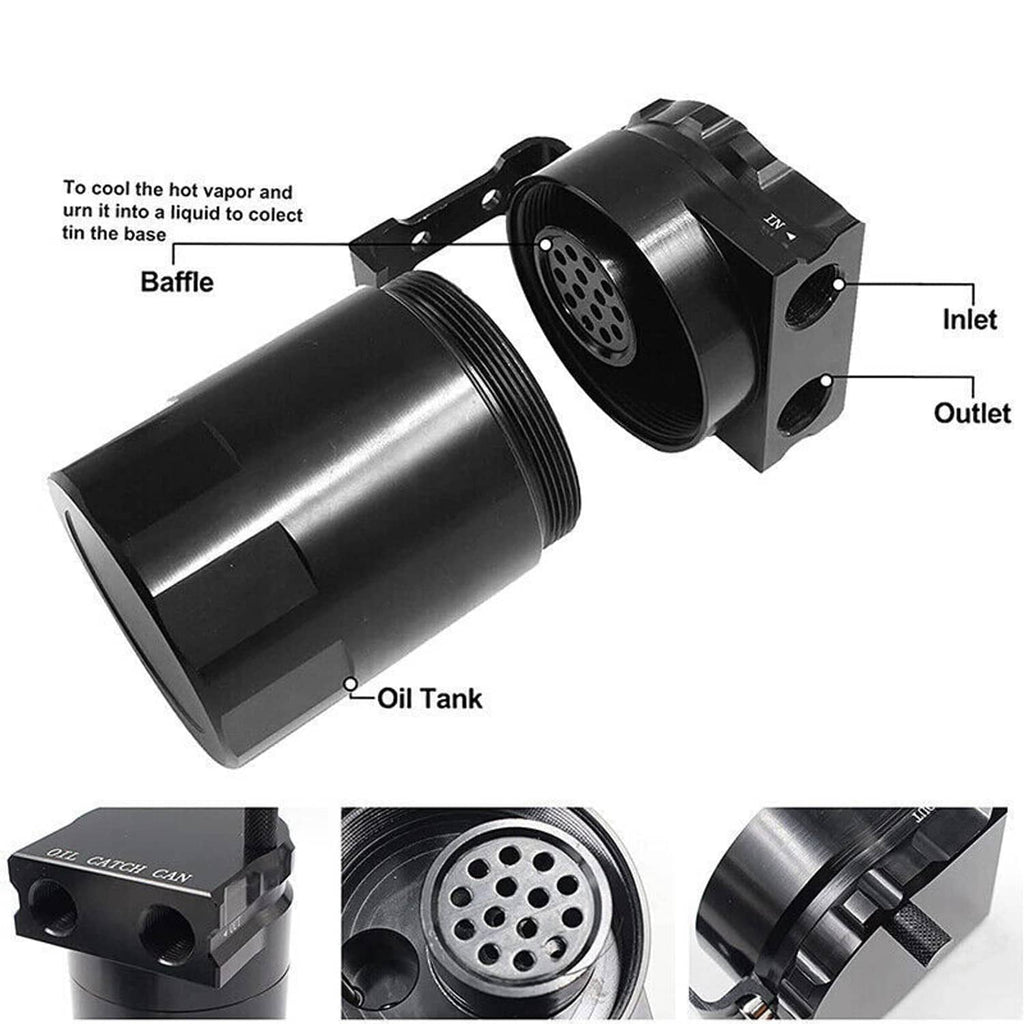 Black oil catch can with inlet and outlet, baffle assembly, and round filter screen