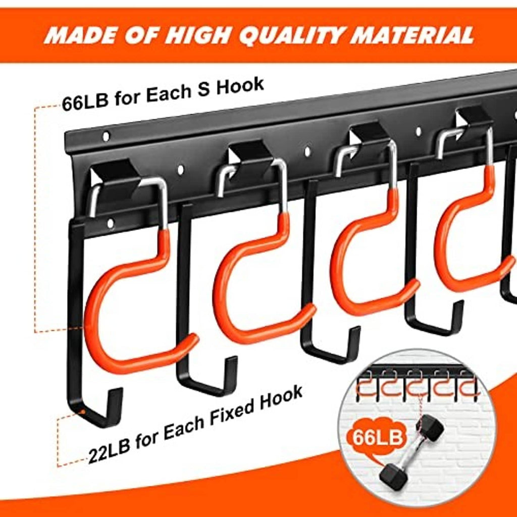Black metal organizer bar with bright orange hook ends and fixed hook design