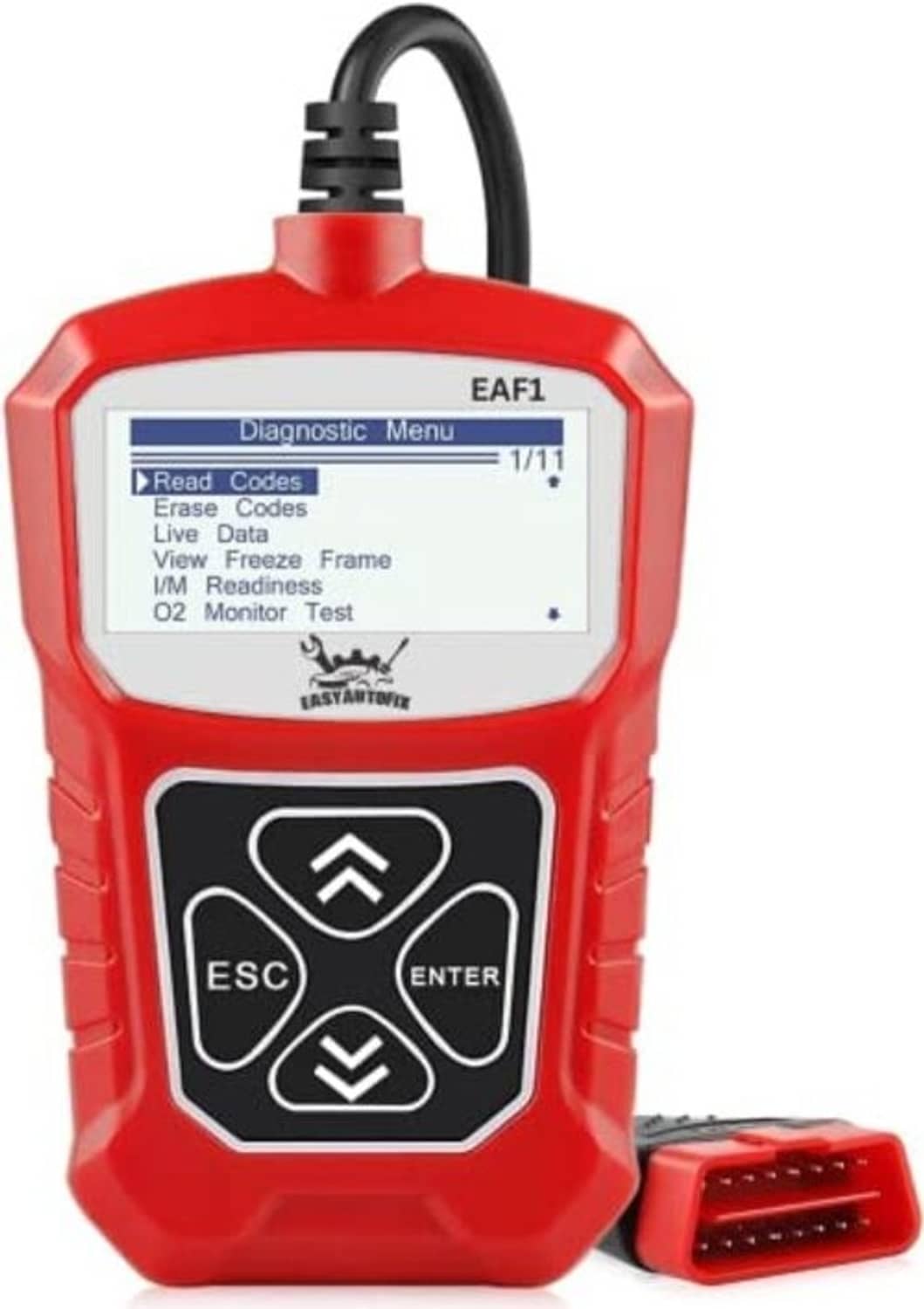 Red EAF1 OBD2 diagnostic scanner showing Diagnostic Menu on LCD, with control buttons.