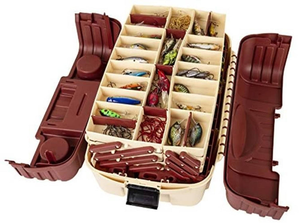 Fishing tackle box open with multiple inner bait trays and side accessory compartments