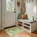 Washable area rug, rectangular green pattern placed on bedroom bench floor