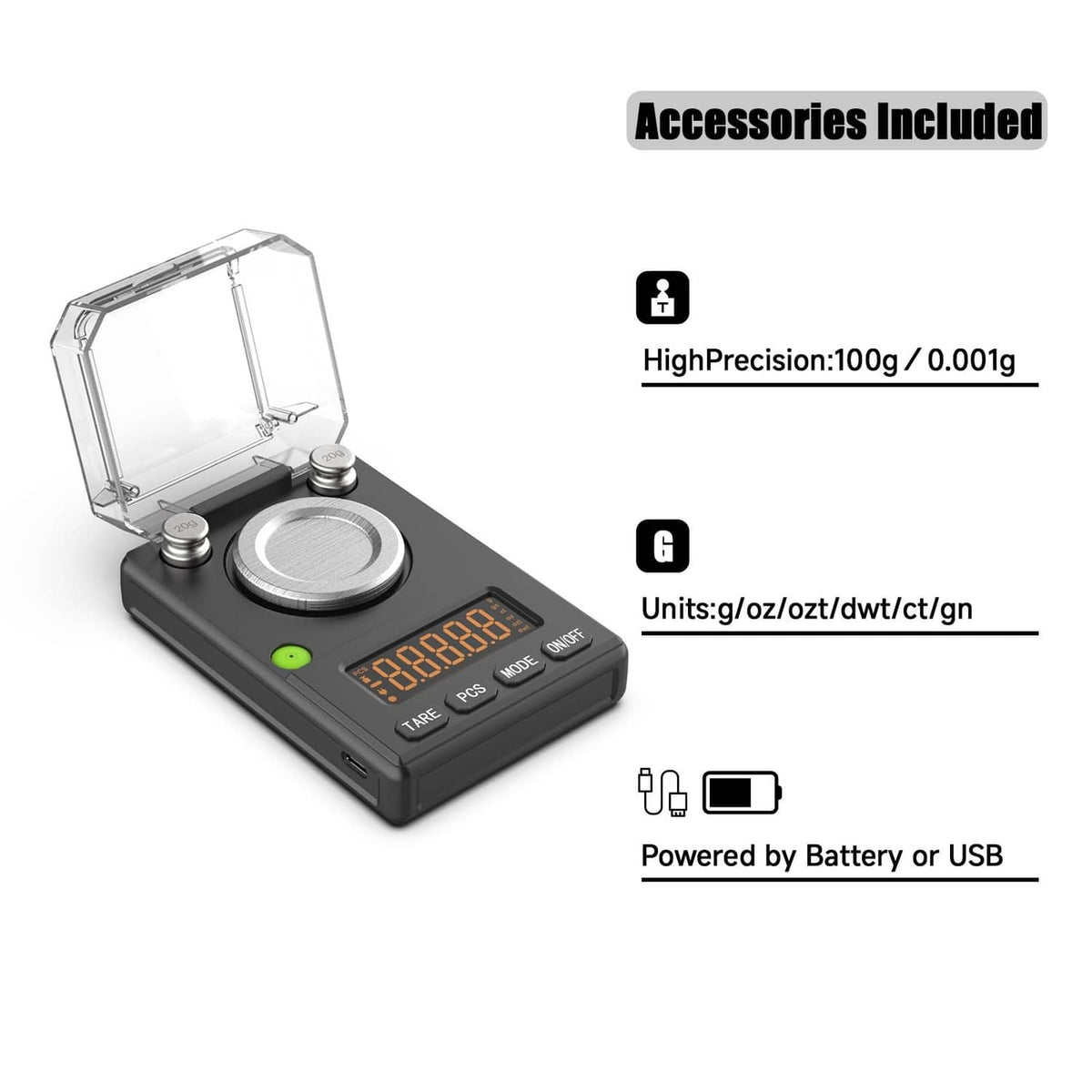 Black milligram scale with clear lid, circular platform, and power via battery or USB