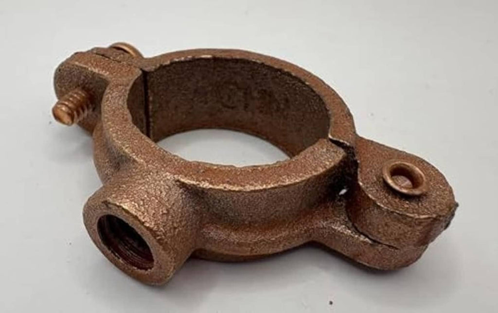 Copper-plated hinged split ring pipe hanger, close view of round pivot