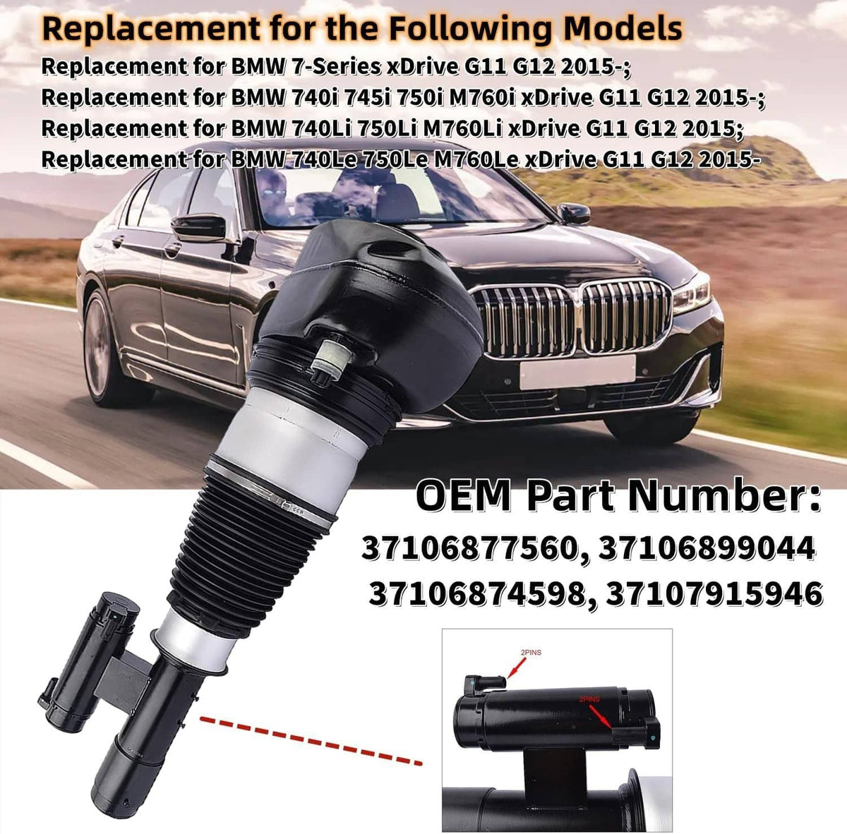 Front air suspension strut with black and silver shock body, shown with side-mount hardware