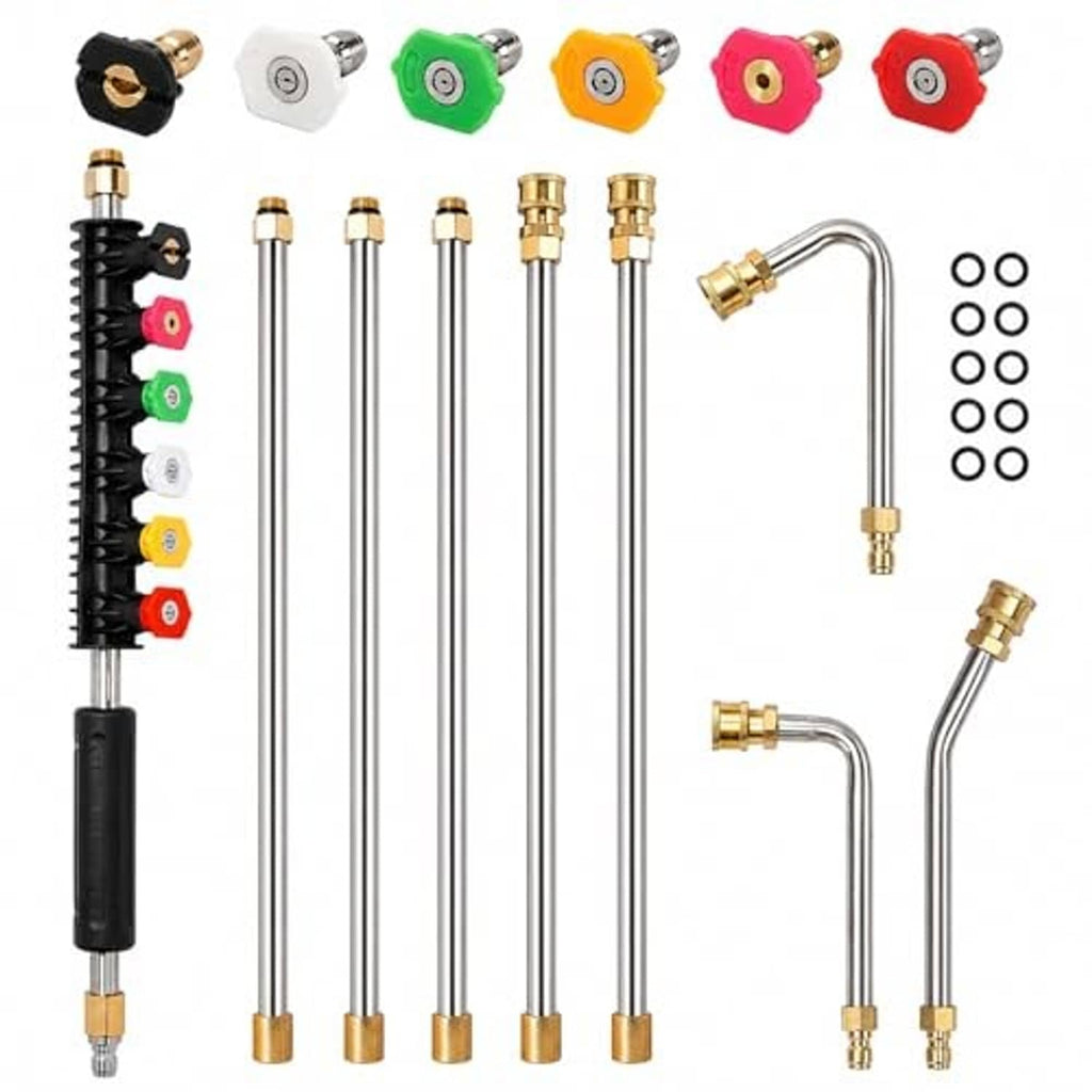 Pressure washer extension wands with white lances and brass connectors, plus color nozzle tips
