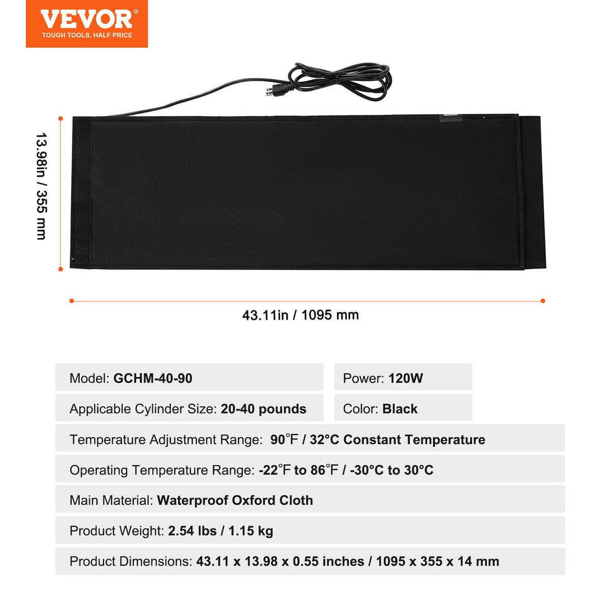 Black insulated heating pad with attached power cord for gas cylinder