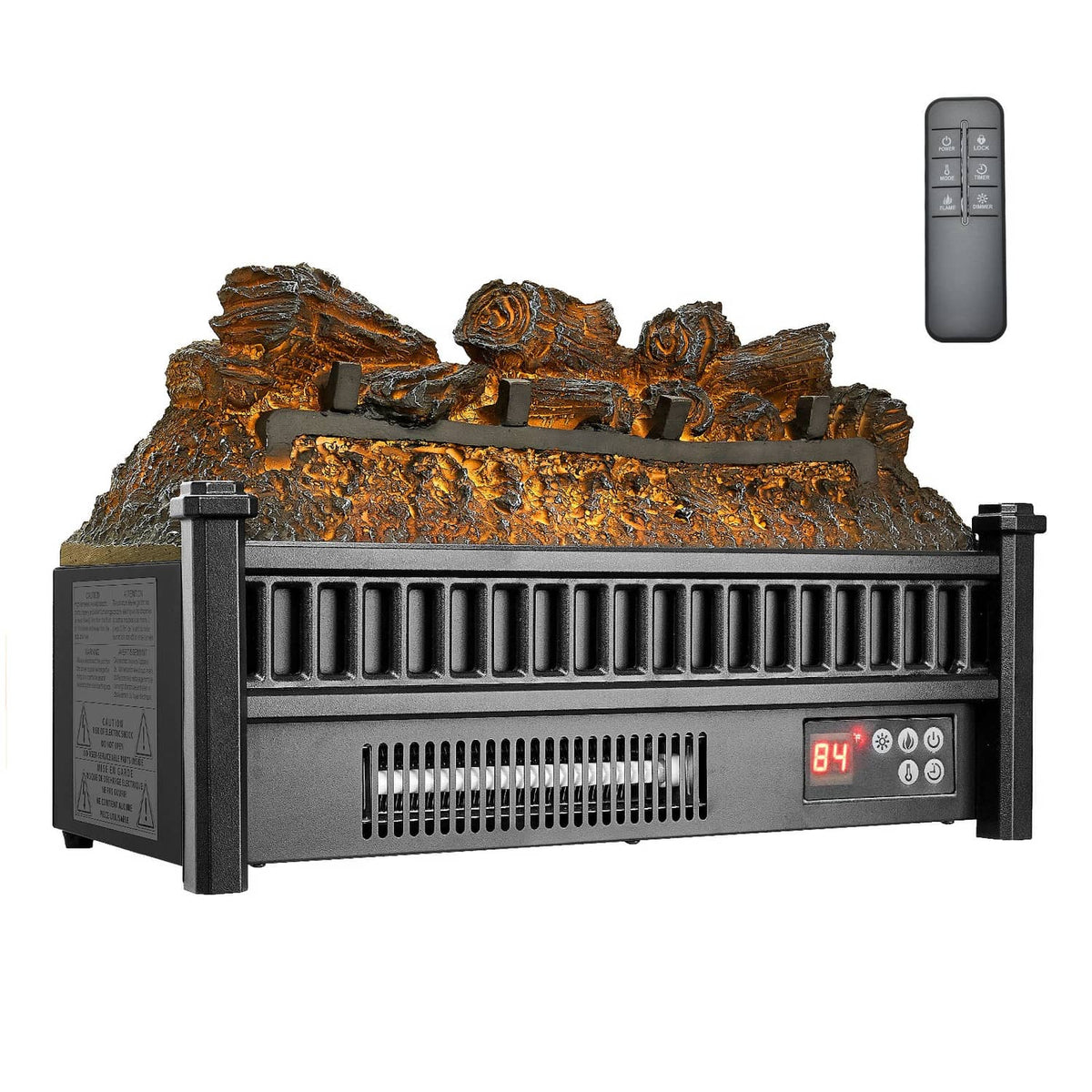 Electric log heater with faux wood logs, front grille and digital flame display, plus remote
