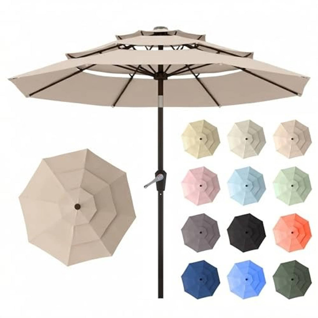 3-tier patio umbrella with beige canopy and included multi-color canopy options