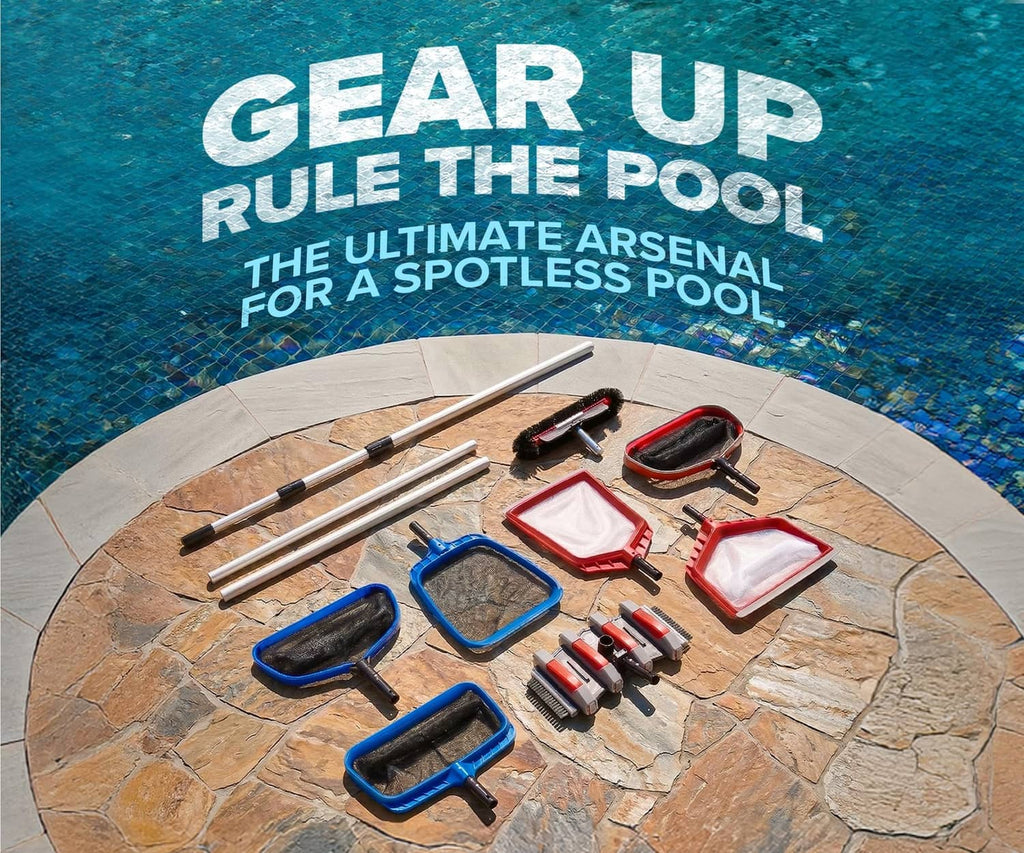 Pool cleaning net and rake accessories laid out, including blue and red mesh frames