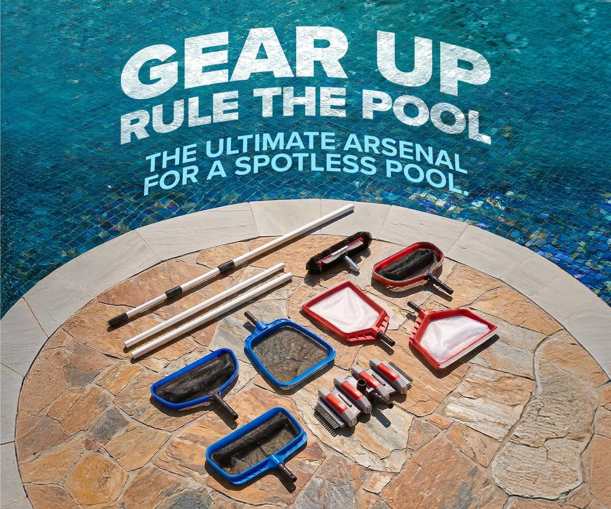 Pool cleaning net and rake accessories laid out, including blue and red mesh frames