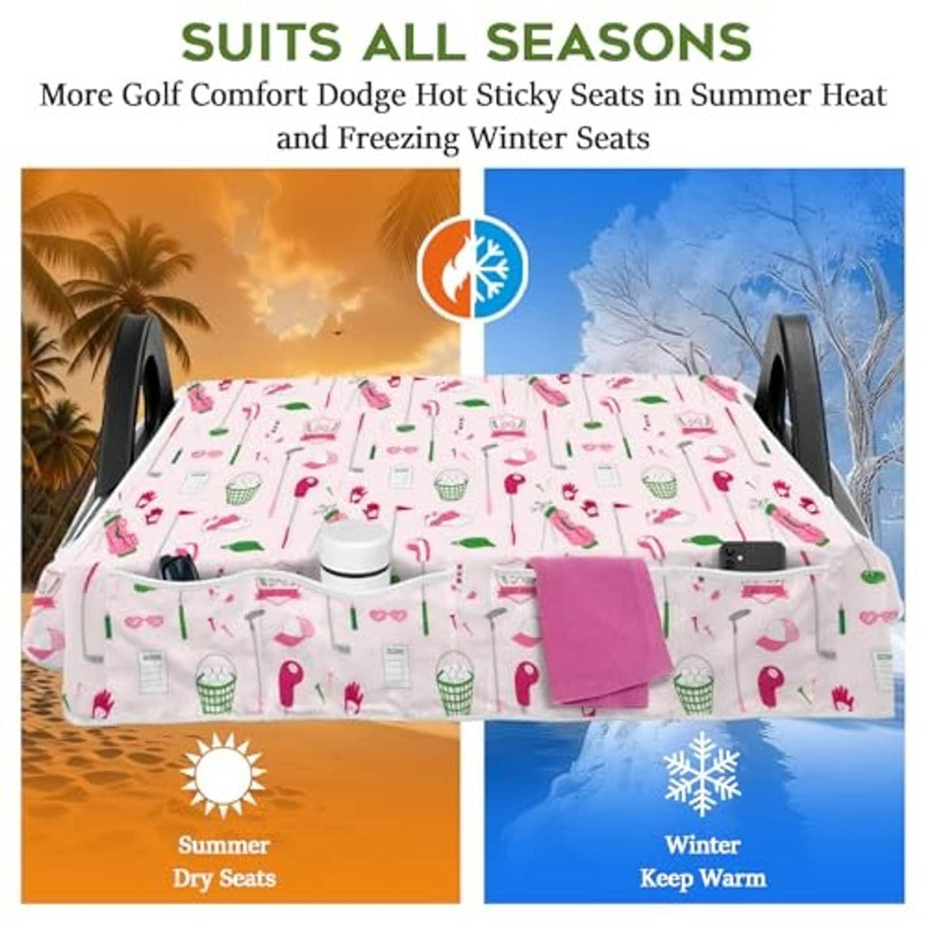 Golf cart seat cover with colorful golf icon print, designed for all-season comfort