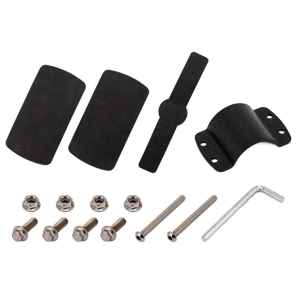 Spare tire carrier mount hardware kit with brackets, bolts, nuts, and L wrench, black