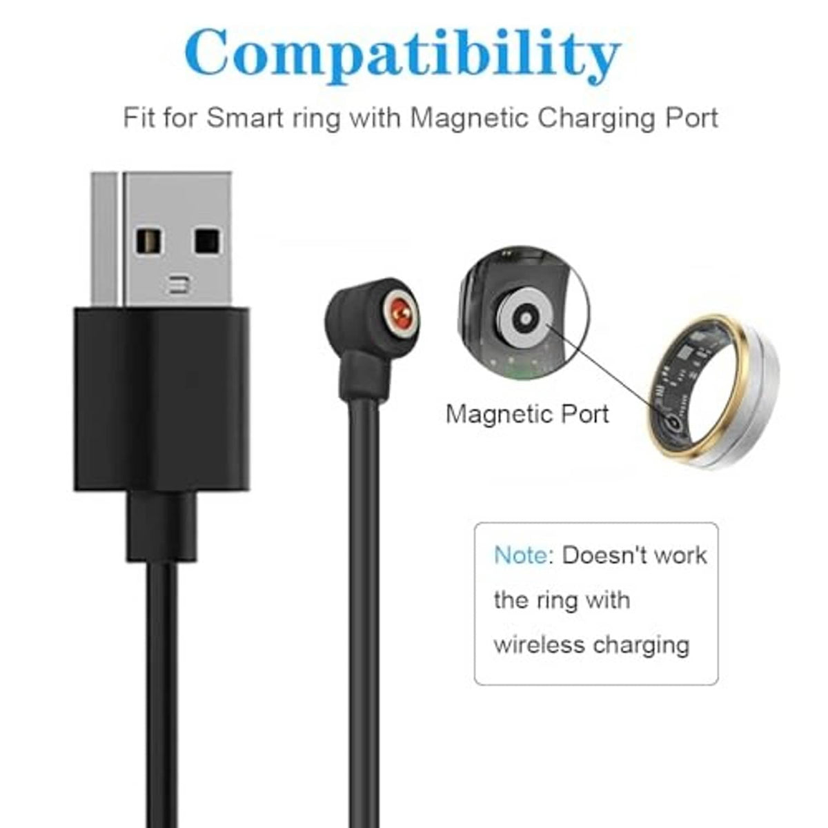 Black USB smart ring charger cable with magnetic charging port and cable head