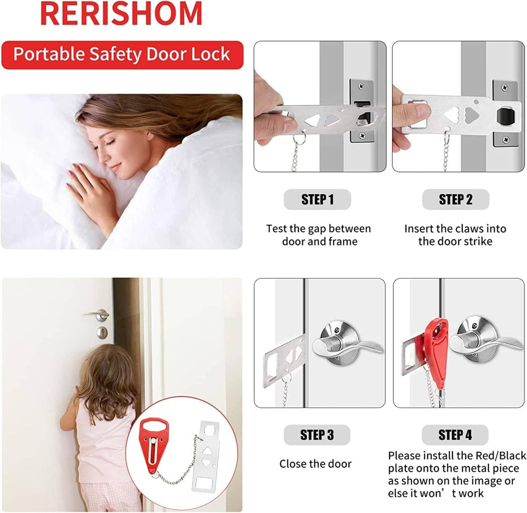 Portable safety door lock with red tool and chain shown in step-by-step layout