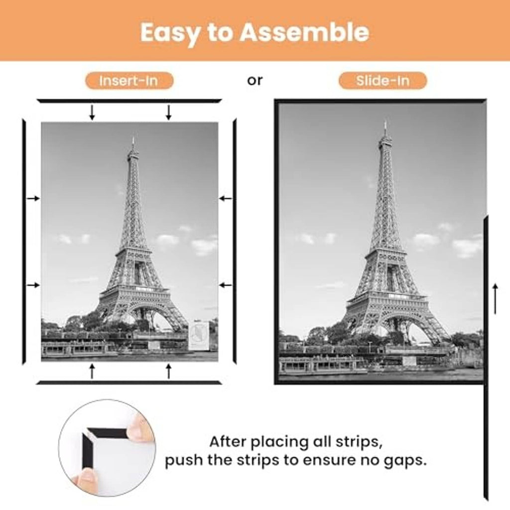 Black 11x17 poster frame display showing slide-in and insert-in assembly steps