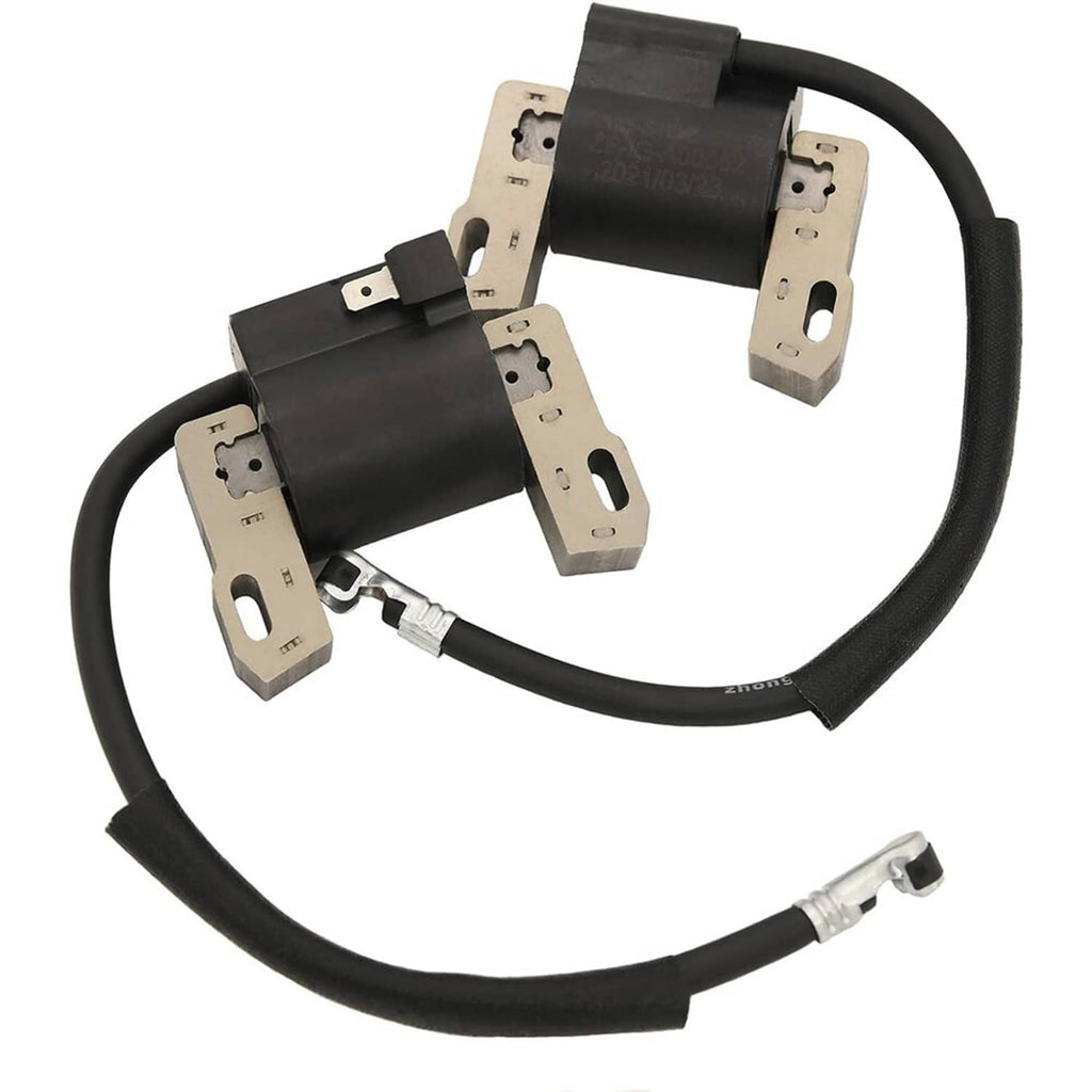 Two ignition coil modules with black wiring, silver terminals, and mounting plates