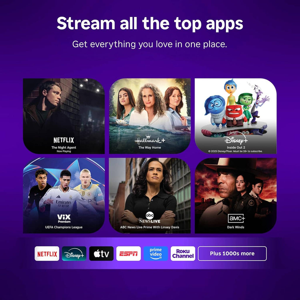 Roku streaming apps screen preview on TV with streaming stick interface