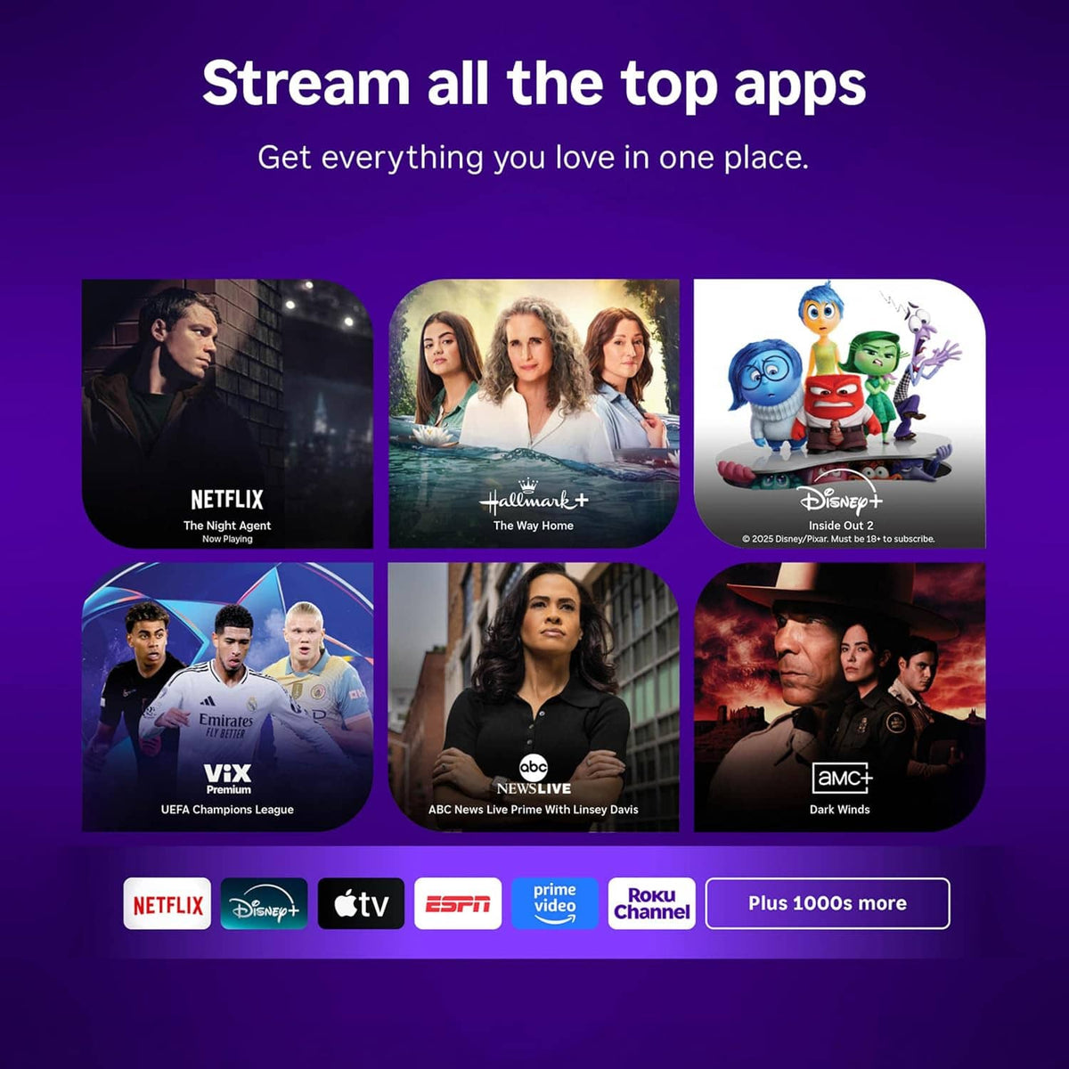 Roku streaming apps screen preview on TV with streaming stick interface