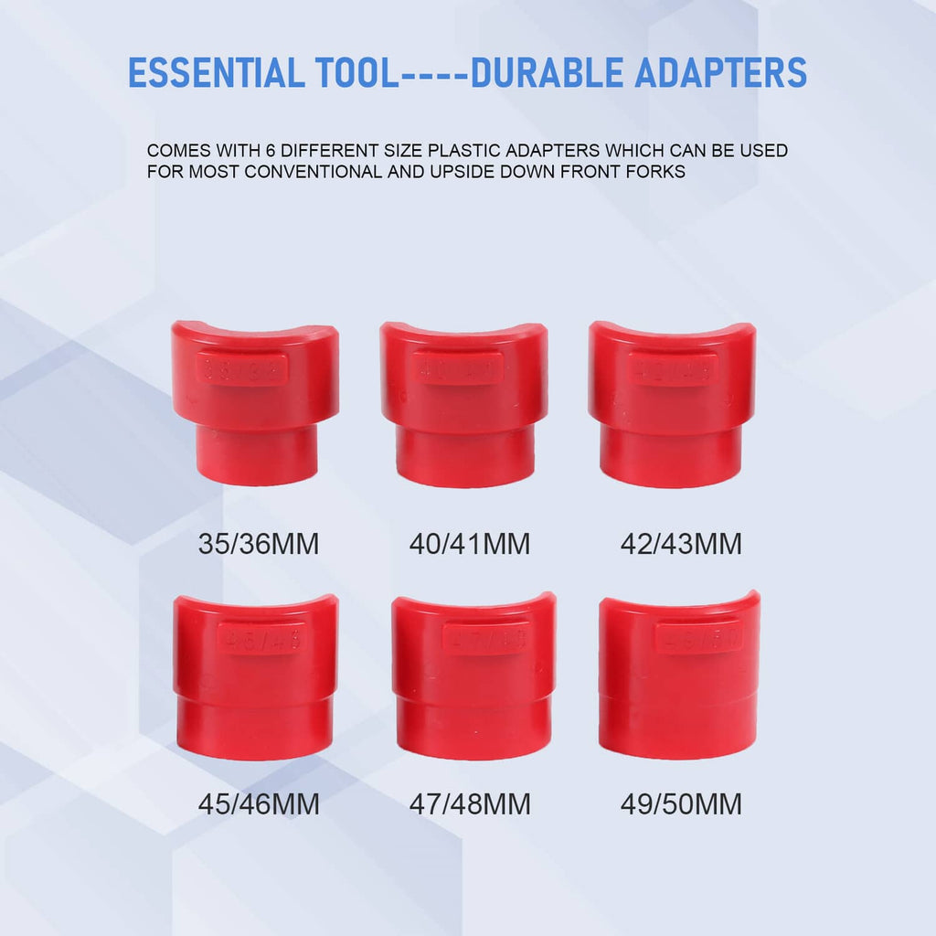 Red plastic adapter sleeves for motorcycle fork seal driver, various sizes shown