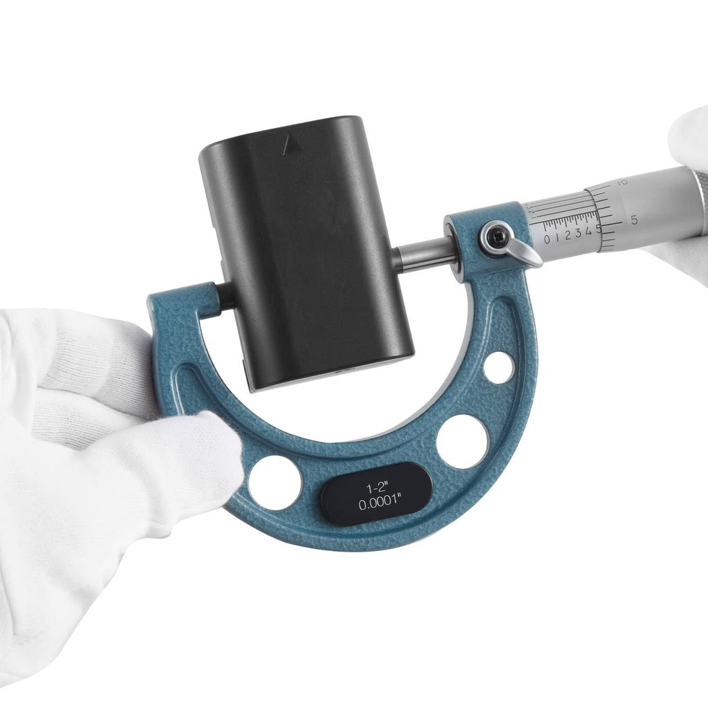 Outside micrometer with blue frame and dark anvil, reading on white scale