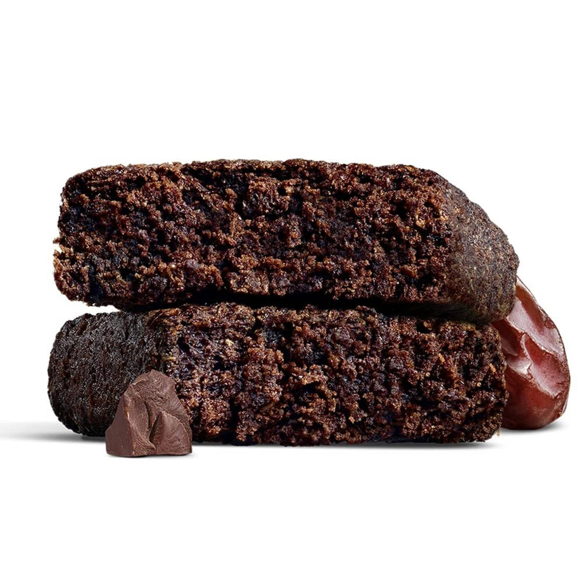 Stack of double chocolate brownie bars with small chocolate pieces
