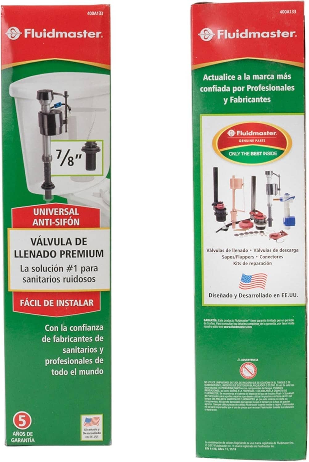 Fluidmaster 400A133 universal anti-siphon filling valve package (front and back)