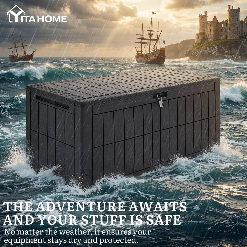 Dark gray outdoor deck storage box with textured top and side carry handles
