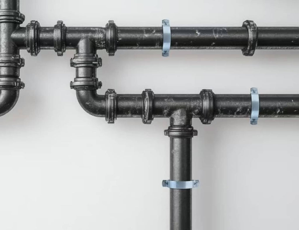 Galvanized split-ring pipe brackets clamping a pipe with two mounting points