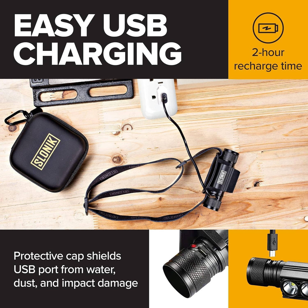 Rechargeable headlamp kit with USB charging cable, protective cap, and carrying pouch